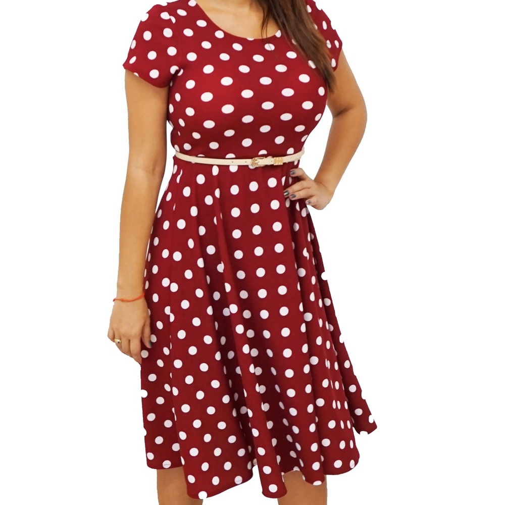 Red Wine White Polka Dots Scoop Neck Dress